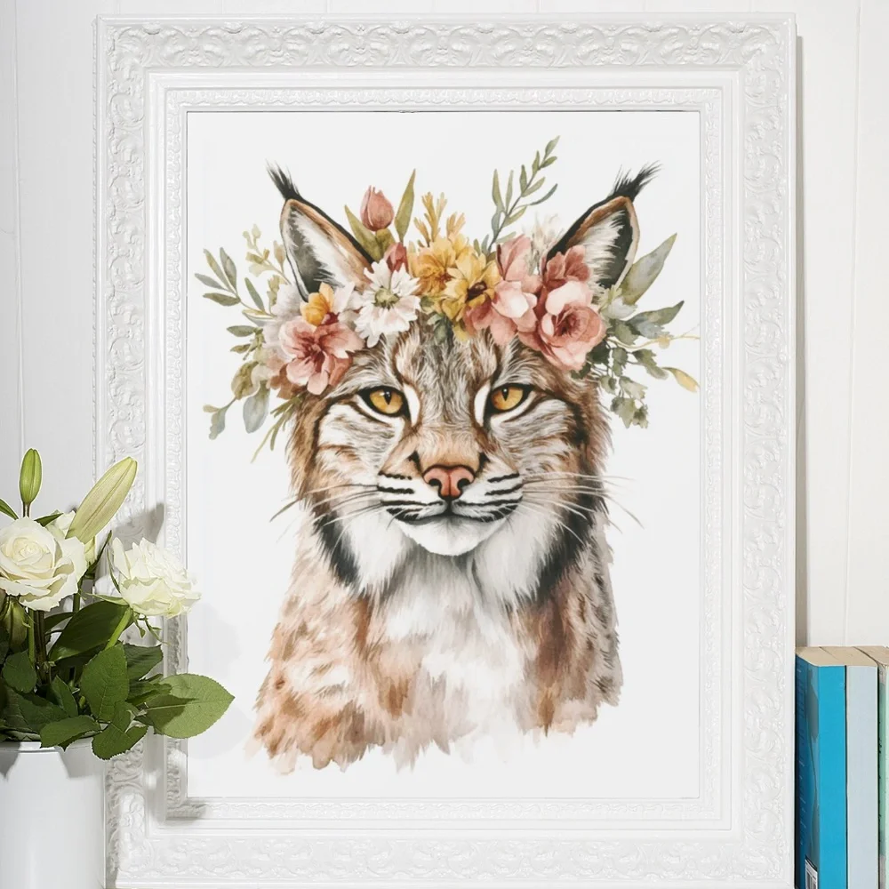 Watercolor Floral Lynx Portrait Wall Art Illustration Print Poster Unframed - Picture 8 of 9